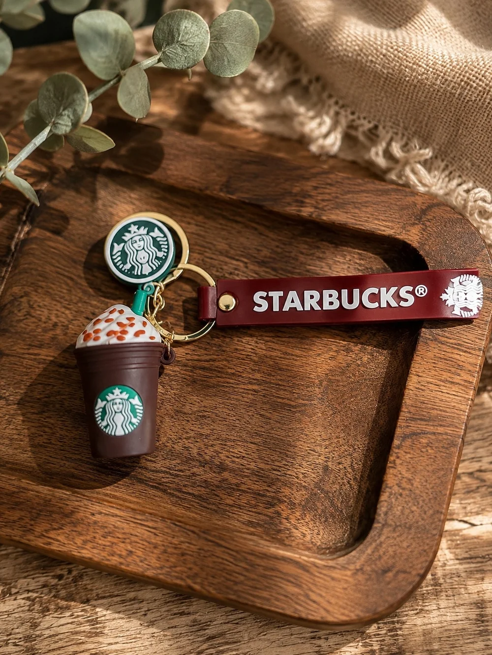 Starbucks Burgundy Logo Keychain Card Holder with Coffee Charm